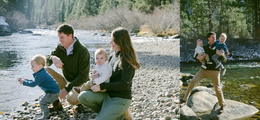 Little family during a Truckee river portrait session toddler throwing rocks and baby looking at camera with otehr frame of toddler crying.