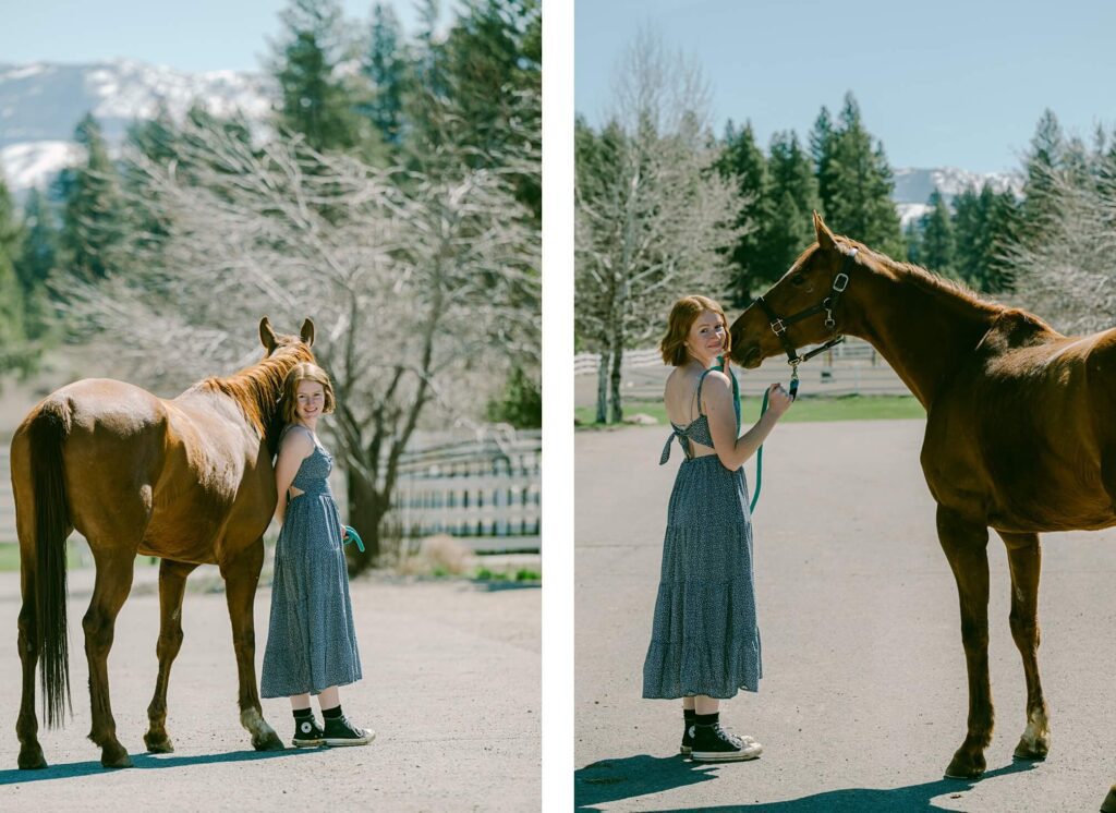 Senior girl in a flower navy dress at piping rock in truckee with her horse