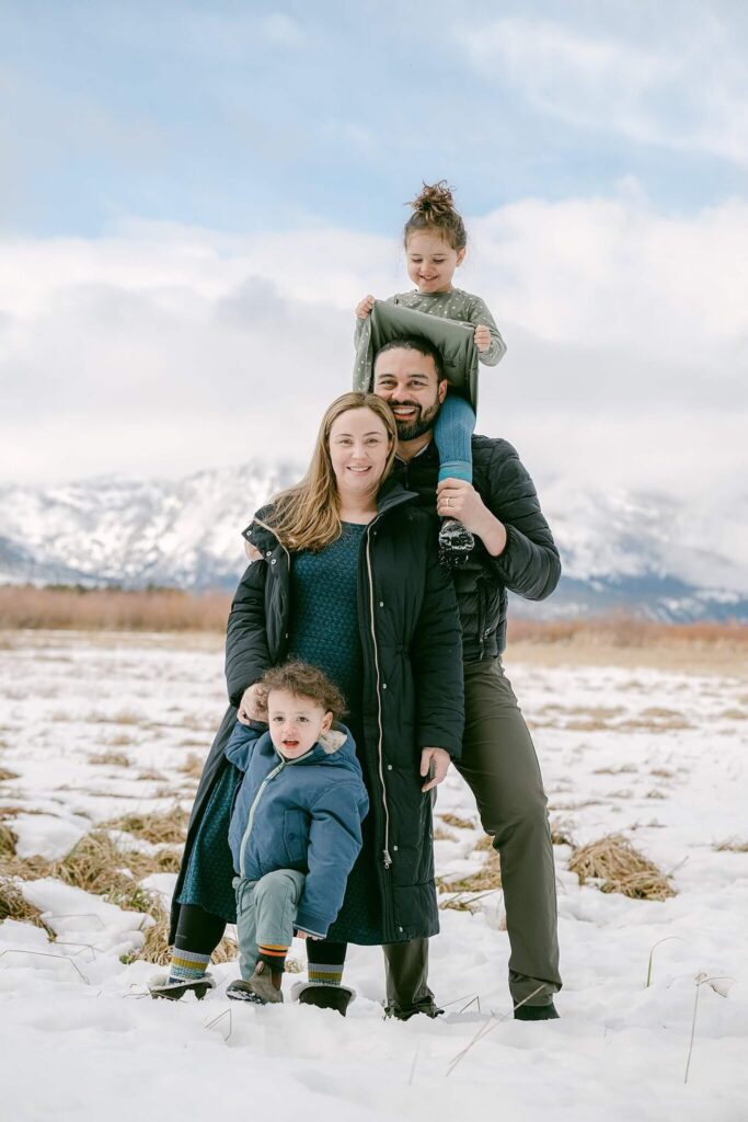 Toddlers being funny during portait session in winter in south lake tahoe