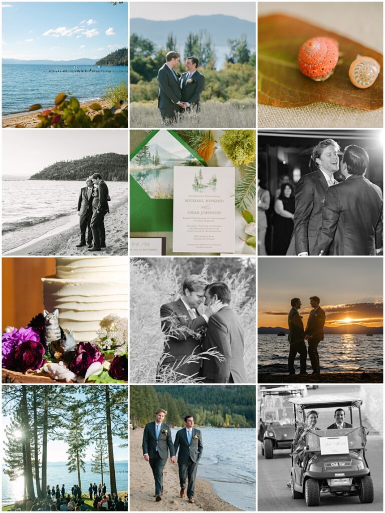 collage grid of images from Glenbrook exclusive Lake Tahoe wedding of two grooms during a fall wedding at private residence on Lake Tahoe and Glenbrook country club