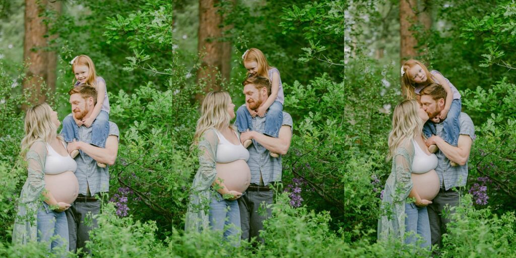 Truckee family photographer capturing this sequence of images of family pregnancy with a toddler on dad's shoulders photographed by Annie X photographie