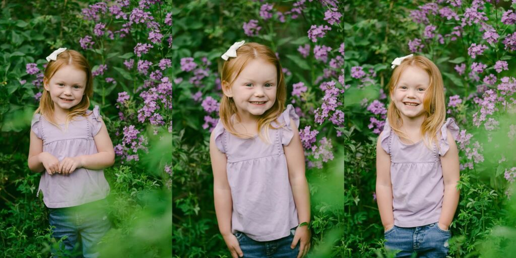 Truckee lifestyle family photography of young girl red headed smiling in front of pink flowers