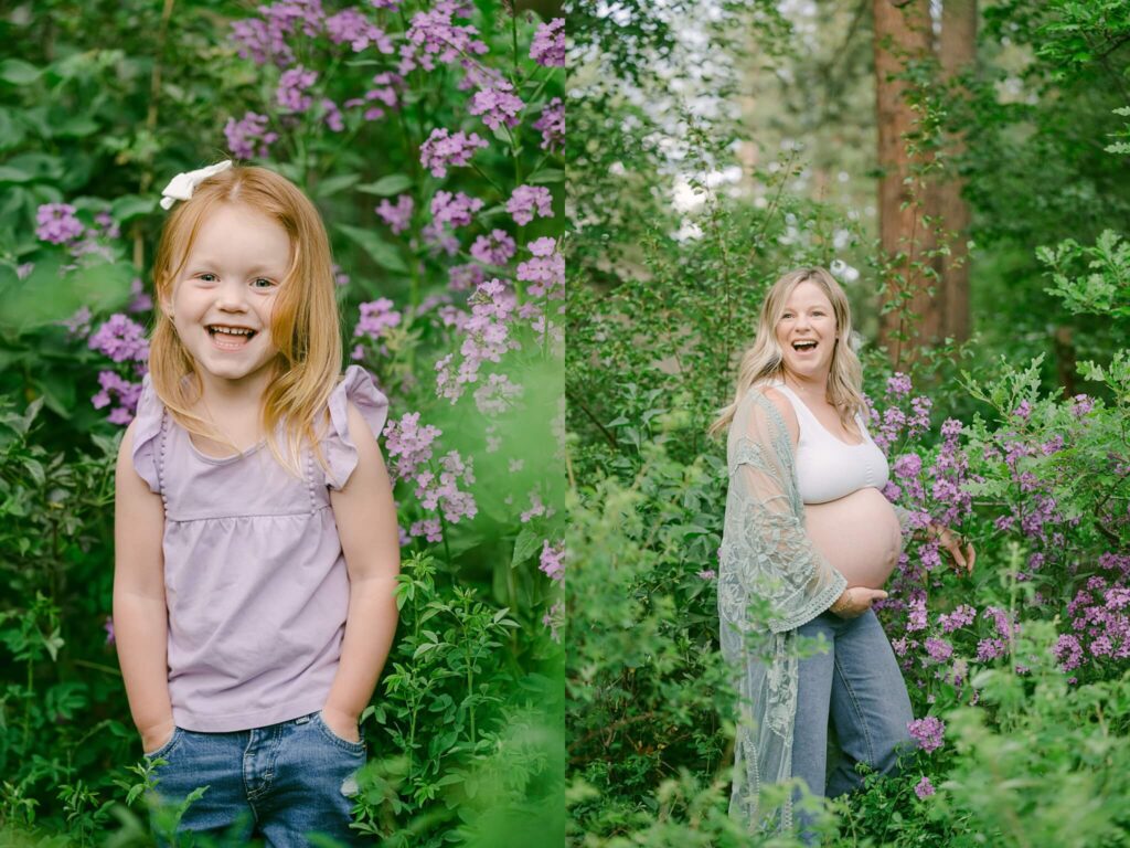 baby and pregnant mama collage in front of pink flowers during family pregnancy session with truckee family photographer