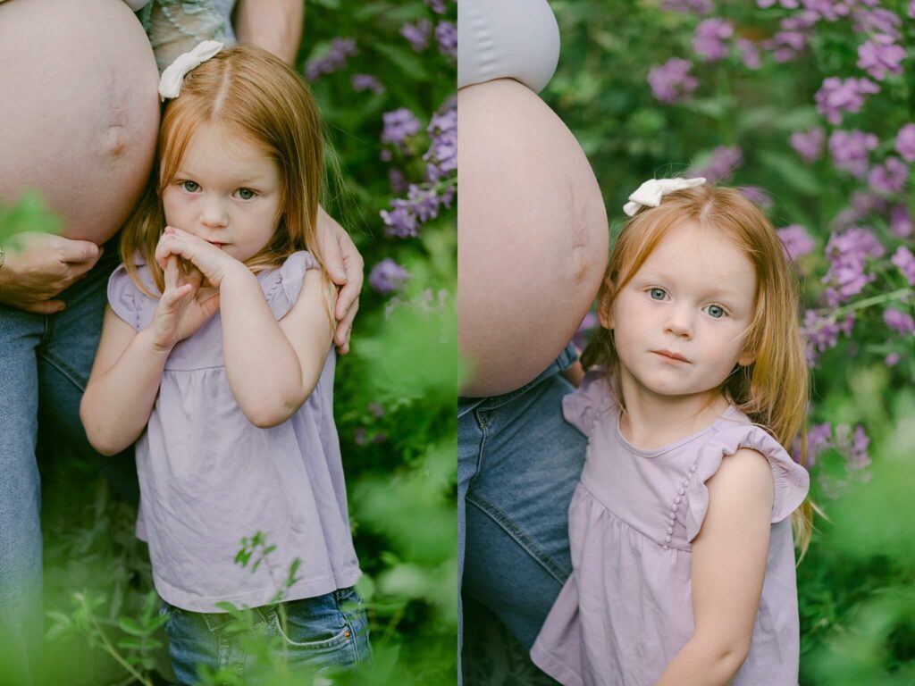 Belly baby and red head girl hugging close photographed by truckee family photographer Annie X