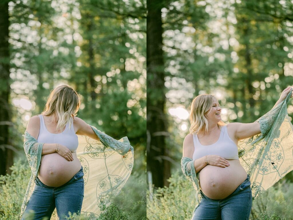 flowing clothing for this pregnant expecting mama sunrays and joy captured by Truckee family photographer