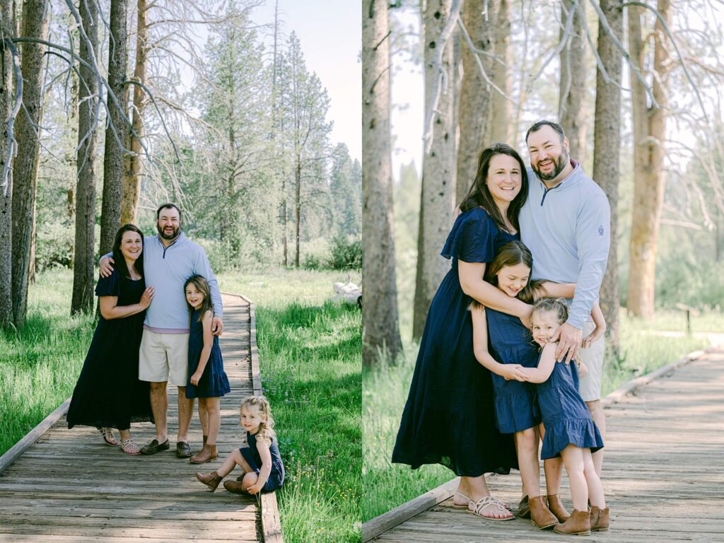 North lake Tahoe family photographer captures family on walking bridge in meadow in Truckee