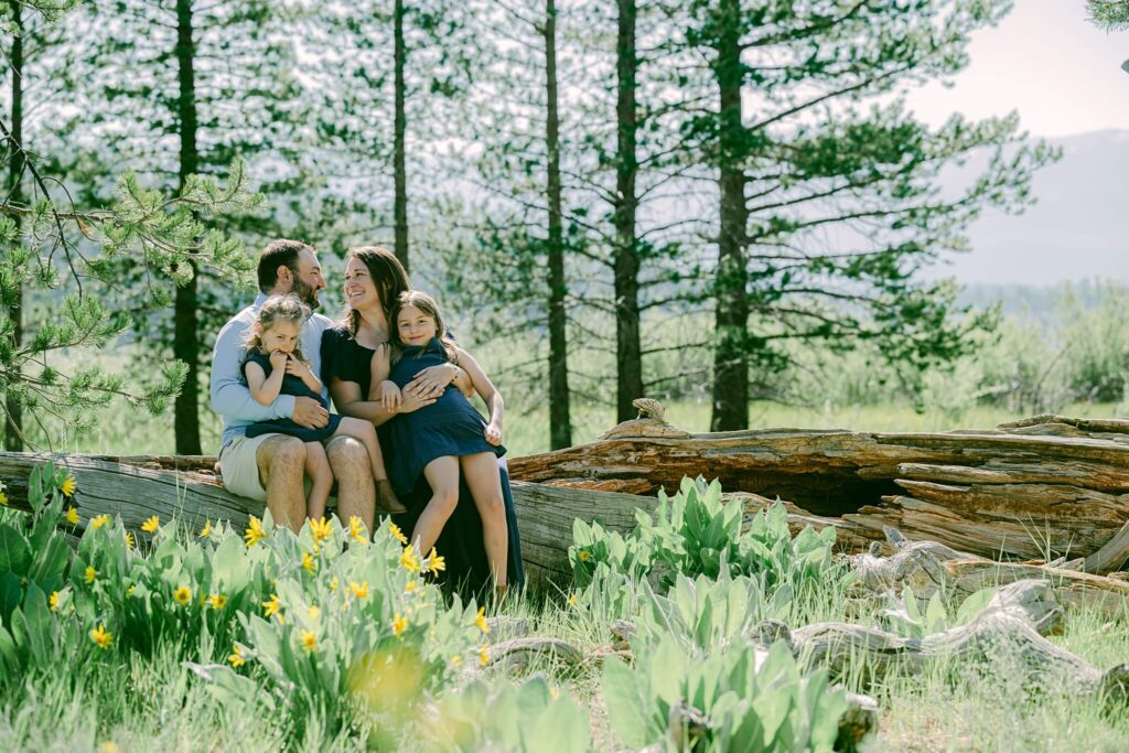 a family sitting on a log in a Truckee location photographed by Tahoe family photographer Annie X
