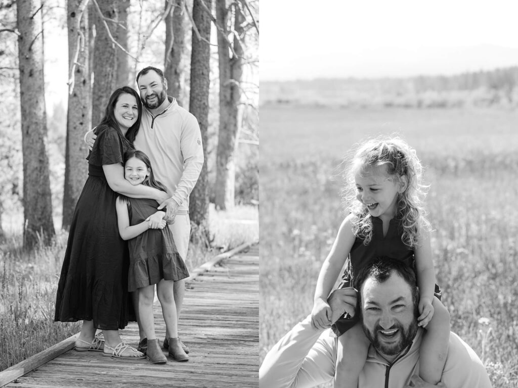Authentic family moments collage of a man and a woman and a girl , family in Truckee during family session