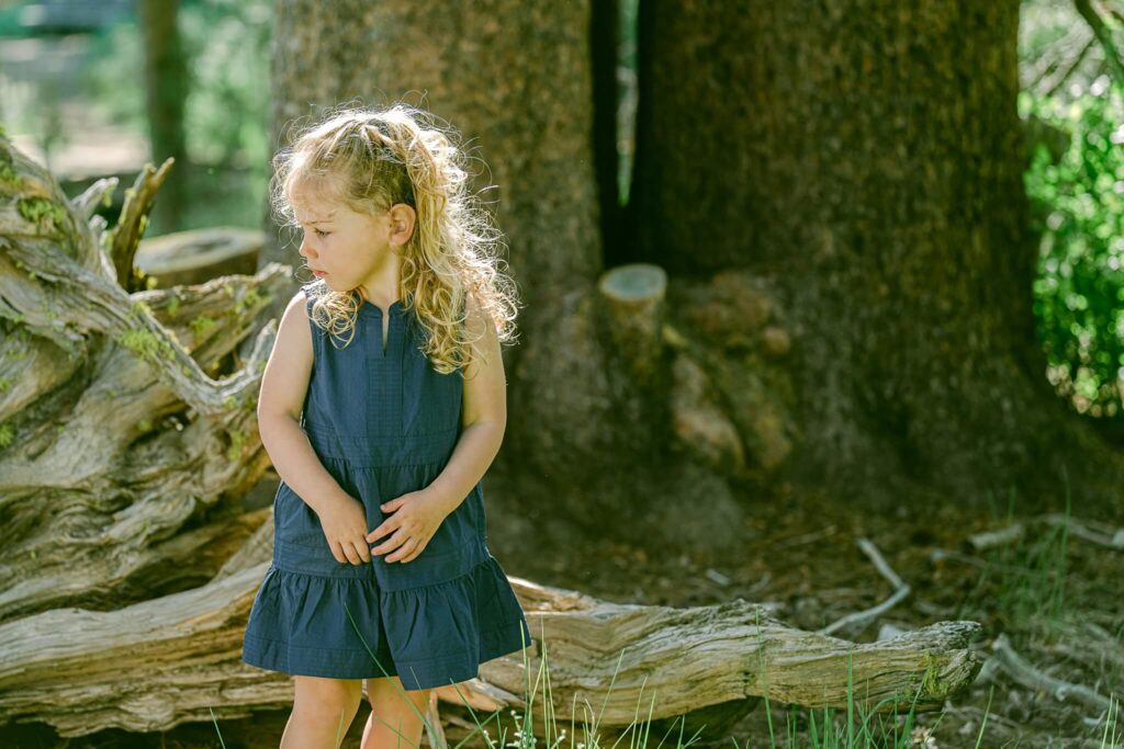 a girl toddler standing on a stump in Truckee secret spot