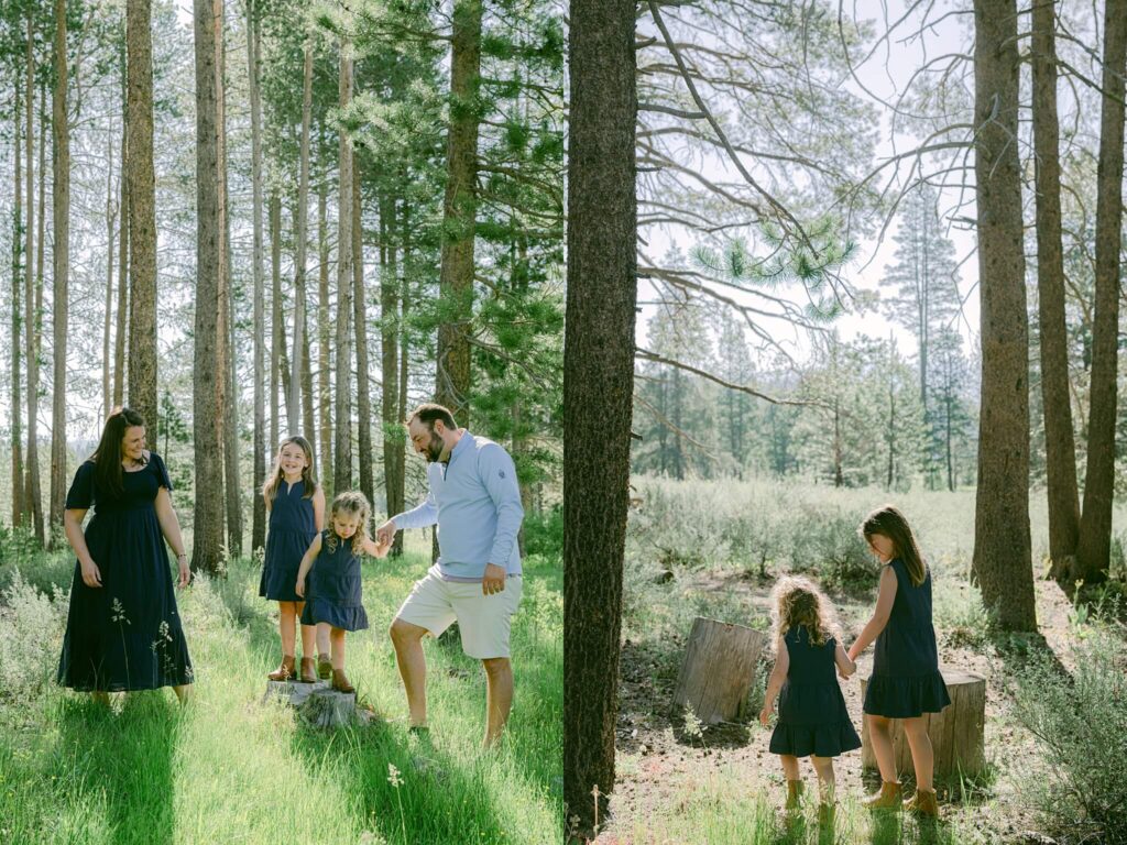family standing in the woods