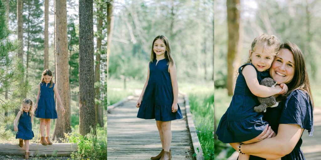 a collage of a girl and her mom in blue dress during a North lake Tahoe portrait session