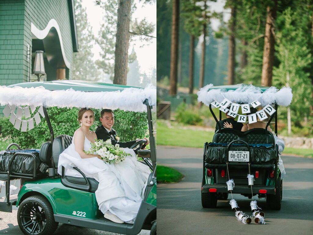 Bride and Groom just married exit on golf cart in martis Camp going to their reception site at the family barn