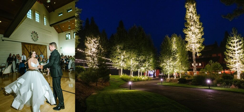 Bride and Groom first dance inside Martis Camp family barn and images of Family Barn at night with lights on trees