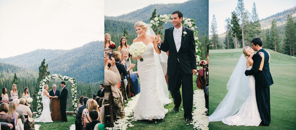 Martis Camp ceremony at the lodge with just married feels and golf course bride and groom portrait