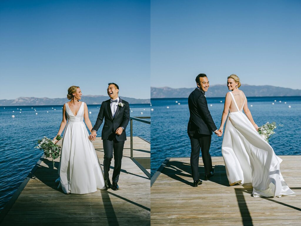Lake Tahoe exclusive private estate wedding with bride and groom candid portraits on teh pier