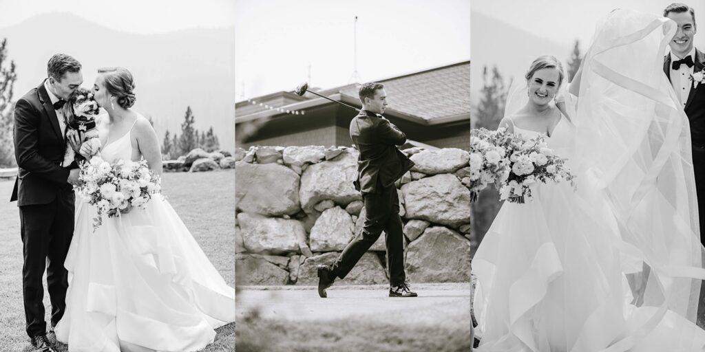 Bride and groom black and white image with their dog, groom swinging a golf club and a happy joyous bride all fun things around Martis Camp during a summer wedding.