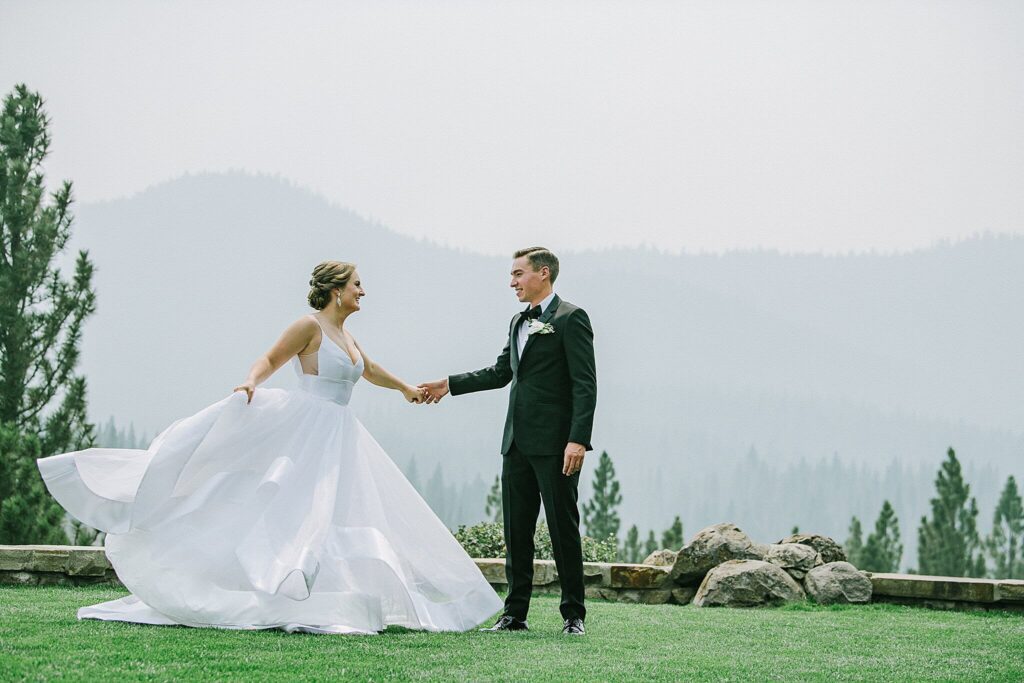 Martis Camp couple during their first look at the Lodge captured by Annie X Photographie