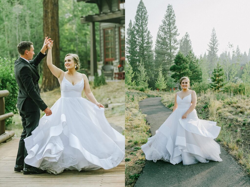 Truckee wedding venue Martis Camp with bride and groom on the grounds on a smokey day