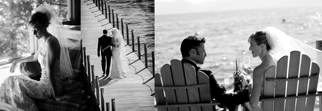 Bride and Groom taking a moment after ceremony at end of pier in black and white at a private Lake Tahoe estate in Incline Village