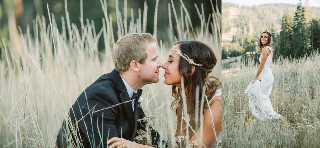 Bride and Groom candid photos on the hill at the Ritz Tahoe during a fall wedding
