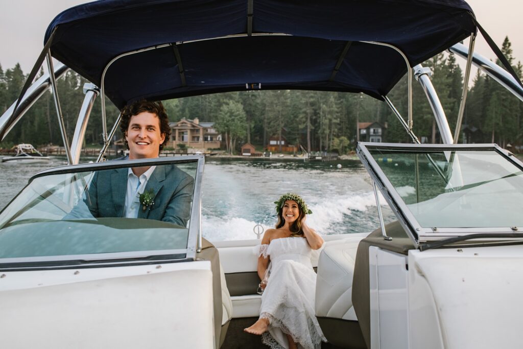 Bride and groom on a boat after getting married at private residence intimate wedding