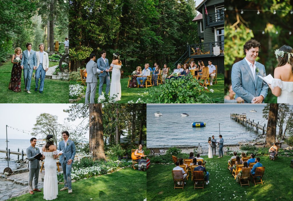 Bride and groom during intimate weddings ceremony in Lake Tahoe at private residence photographed by Lake Tahoe wedding photographer Annie X