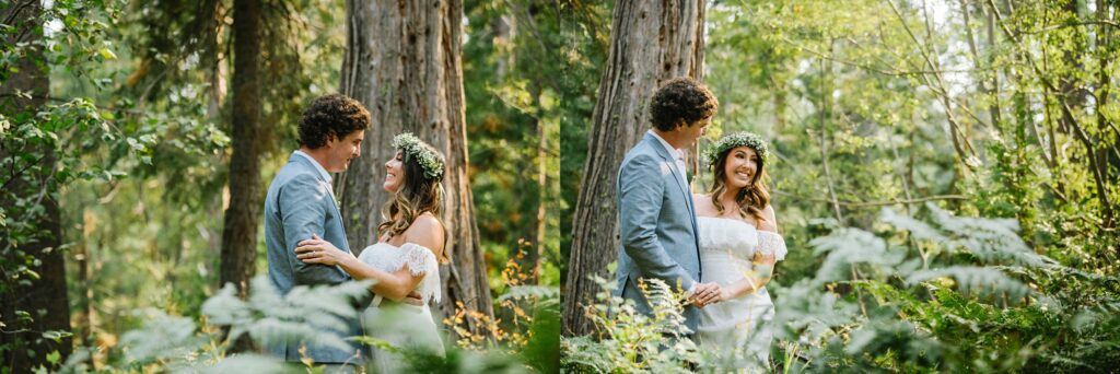 Editorial style bride and groom portraits in the forest at private residence in lake Tahoe