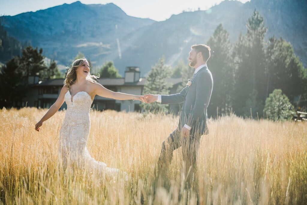 joyful couple just married wedding at Plumpjacks at Palisades Tahoe