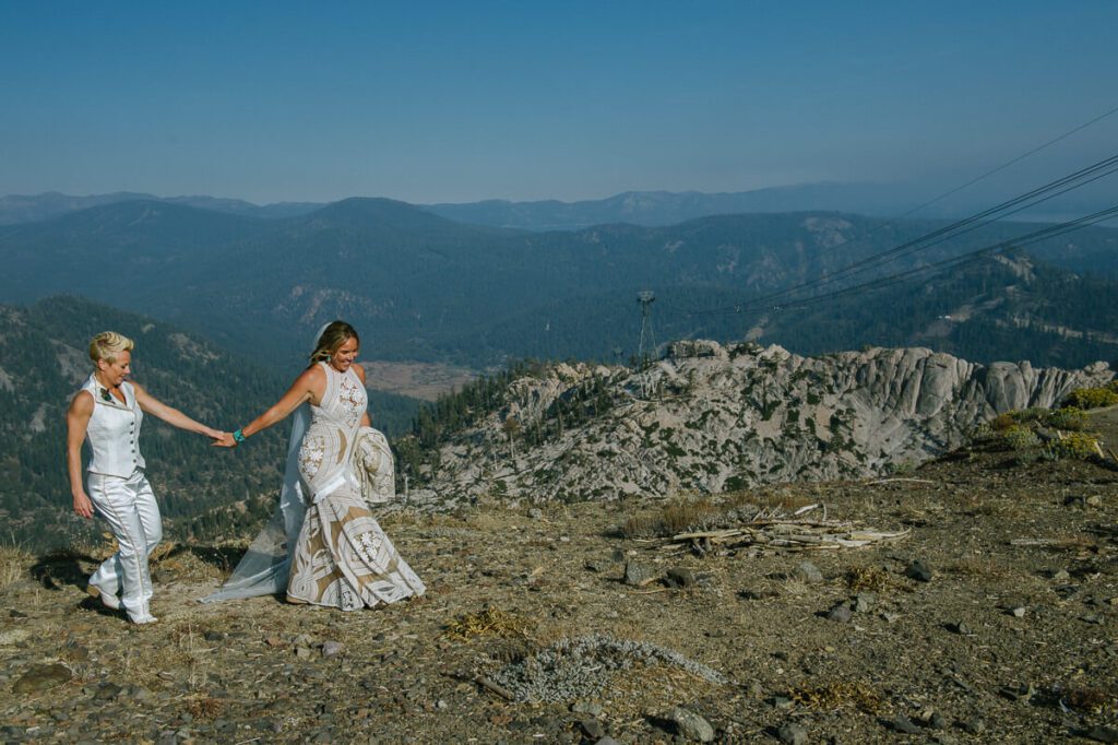 High Camp Palisades Tahoe wedding with these two brides portraits of wedding first look by Tahoe wedding photographer