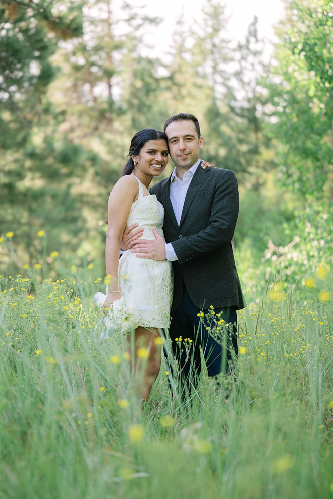 Bride and Groom color portraits in a Lake Tahoe meadow looking at camera captured by North Lake Tahoe wedding photographer Annie X