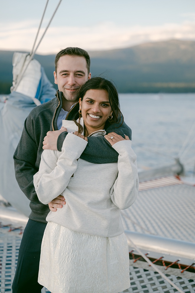 Tahoe City wedding photographer capturing couple on Sierra Cloud catamaran