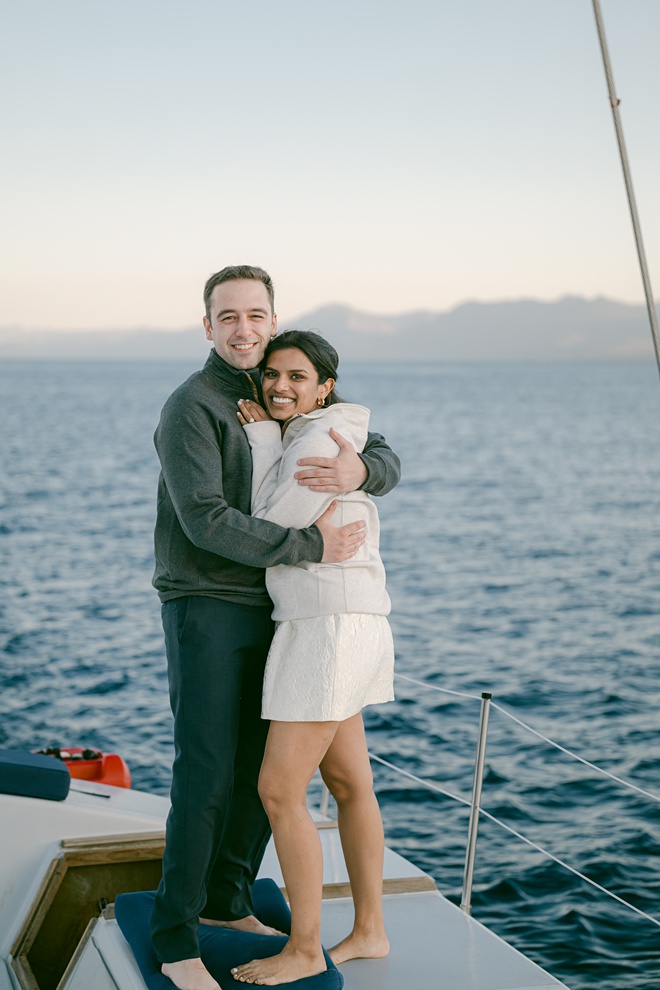 Sunset portraits by Tahoe City wedding photographer during boat wedding