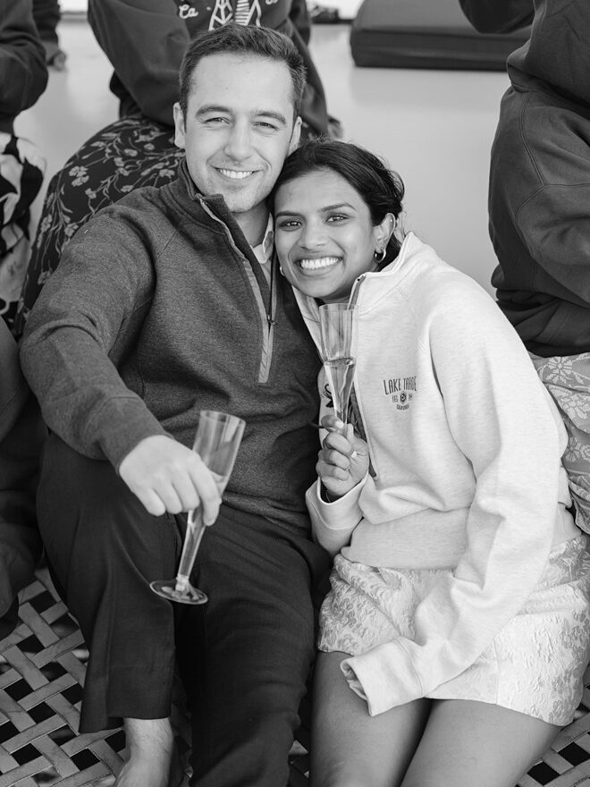 Bride and groom on deck at Lake Tahoe sailing wedding