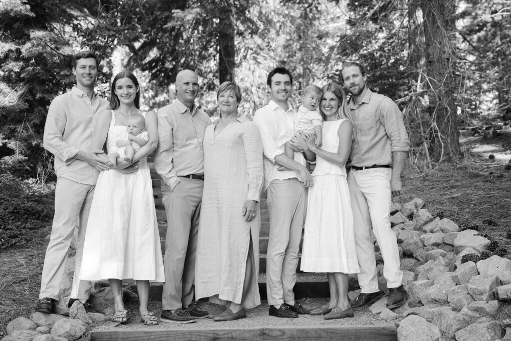 A thoughtful photography gift for loved ones in Tahoe like this black and white image of this extended family captured in Skylandia park on Lake Tahoe