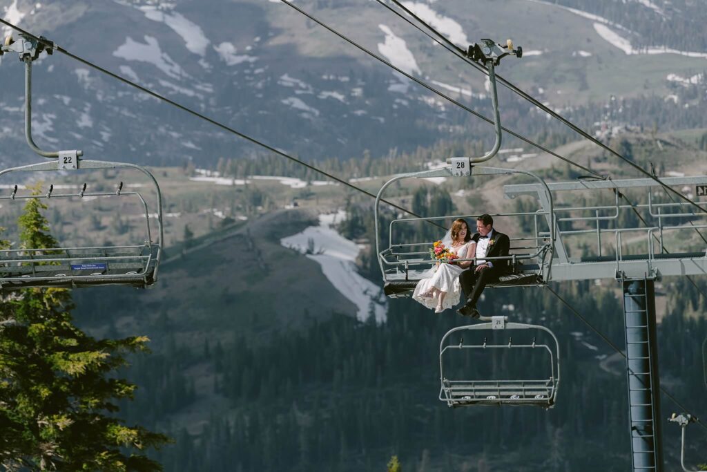 Bride and Groom on a chairlift at Sugar Bowl resort