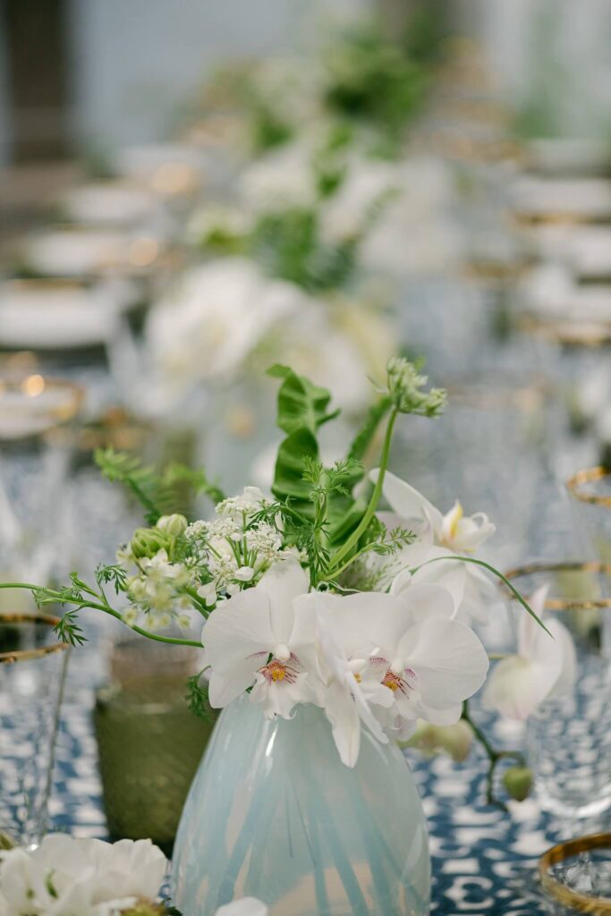Table setting flower details in a South Lake Tahoe wedding venue Edgewood tahoe