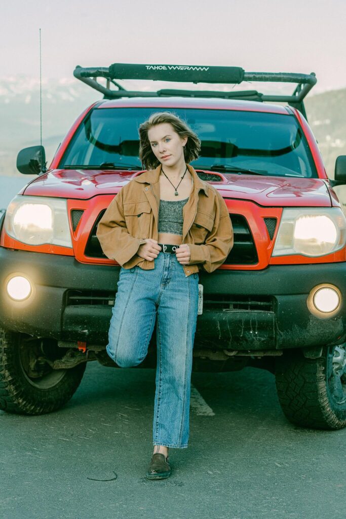 Reno senior portrait with truck at sunset
