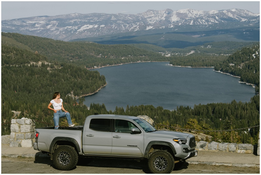 Tahoe senior photographer creating senior portraits in Tahoe at a quiet mountain with a grey Tacoma and girl Senior from SugarBowl academy