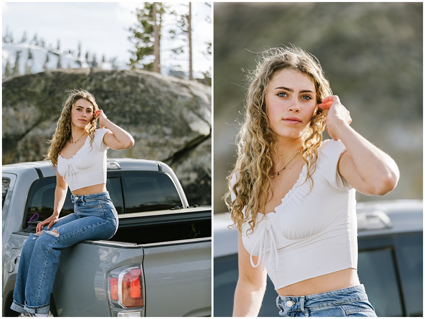 Senior portrait of senior girl sitting on back of her Tacoma