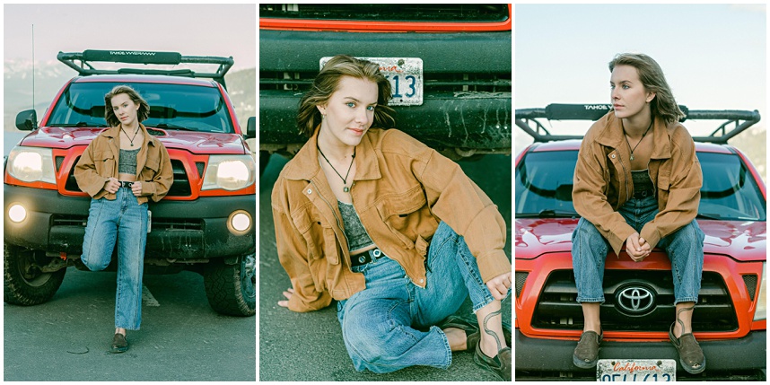 Truckee senior photographer capturing senior photos in Tahoe with a Red Tacoma truck at sunset