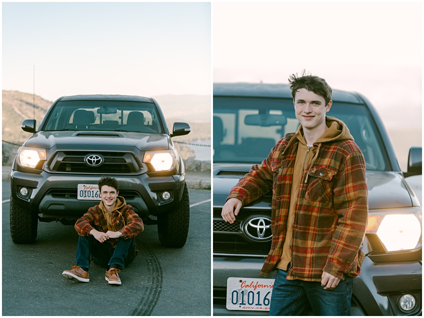 Tahoe senior photos of boy at dusk in front of his Tacoma