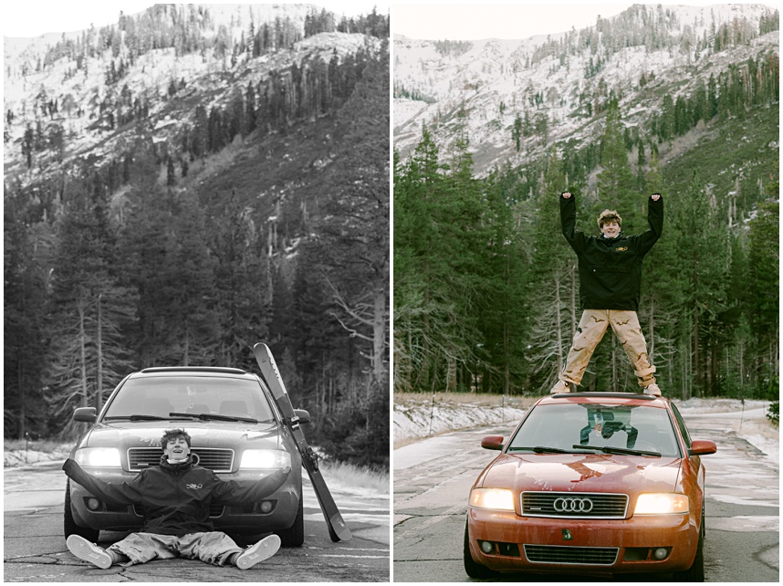 Tahoe Senior with his Audi and skis in Alpine meadow road captured by Tahoe senior photographer Annie X Photographie