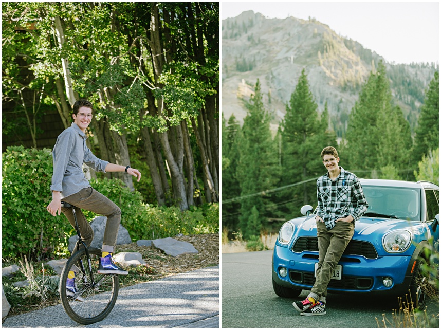 Tahoe senior on unicycle and standing in front of his car the mini Cooper in Palisades Tahoe
