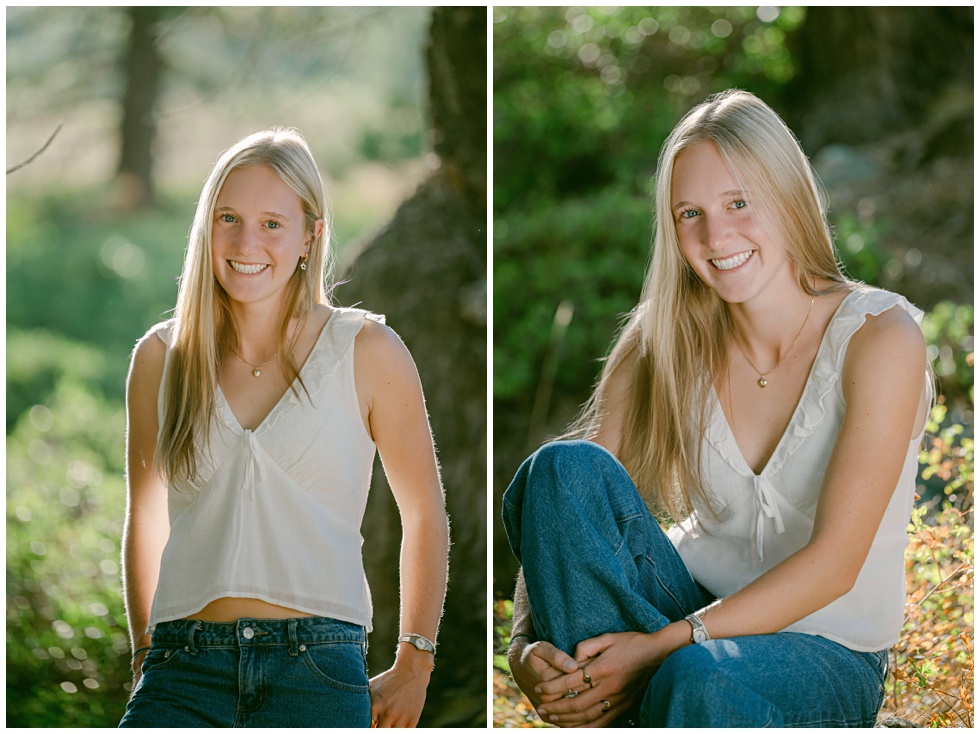 Close up portrait highlighting blue eyes during golden hour at the mountain Palisades Tahoe captured by North Tahoe senior photographer Annie X Photographie