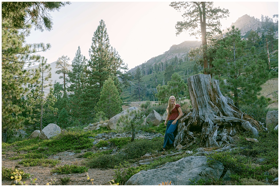 North Lake Tahoe senior photographer capturing natural portraits in Olympic Valley with headwall behind