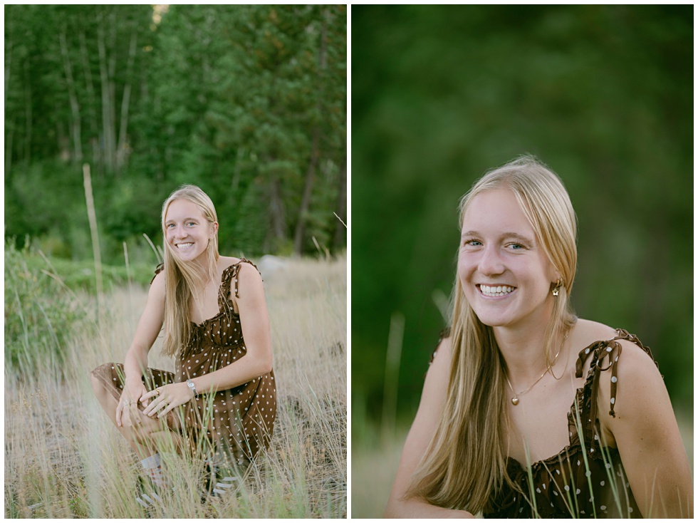 Palisades Tahoe senior photos with North Lake Tahoe senior girl in a brown and white polk a dot dress in tall grass photographer Annie X Photographie 