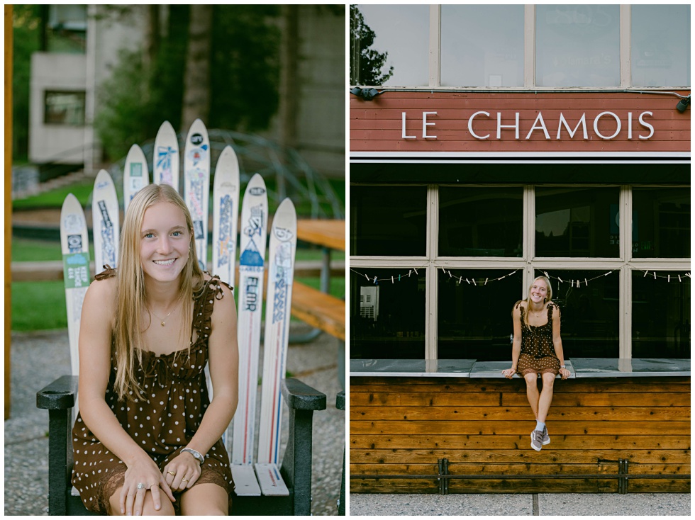 Senior sitting on wooden bar atThe Chamois and Loft Bar in Olympic Valley and other vertical senior sitting on famous ski chairs at Chamois