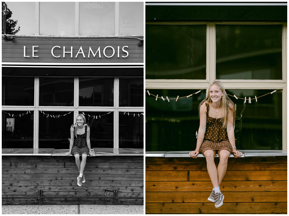North Tahoe senior sitting on Chamois bar in a brown and polk a dot dress in Olympic valley captured by Tahoe senior photographer Annie X Photographie