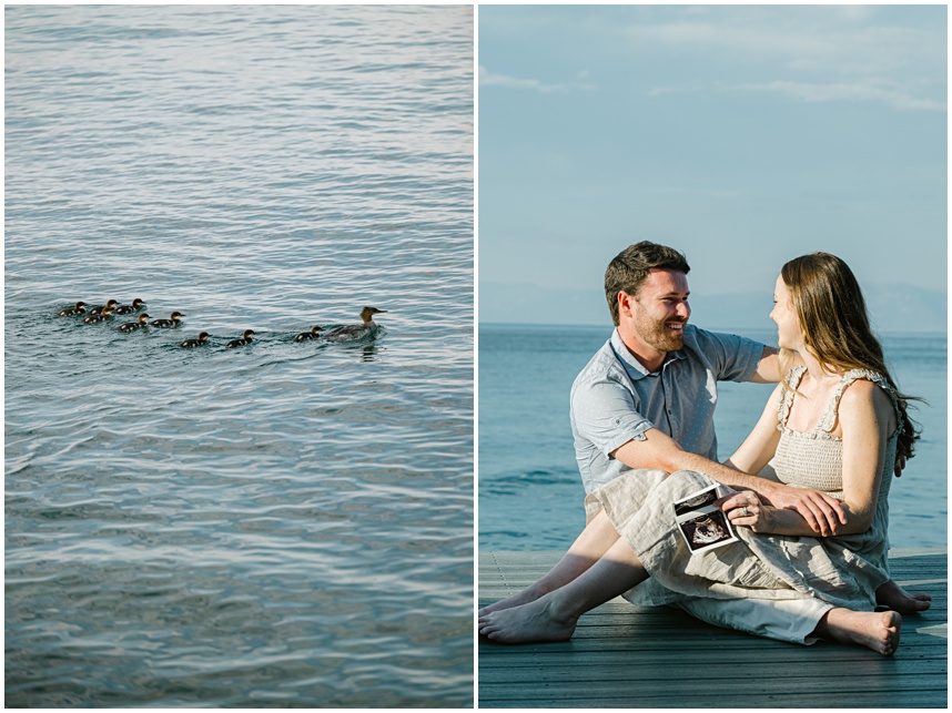 North Tahoe family photographer capturing barefoot portraits on a lakeside dock while a flock of baby ducks pass by