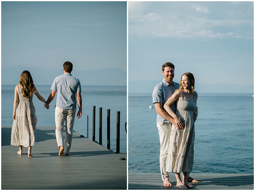 Editorial style family portraits of young couple newly pregnant  on a private Lake Tahoe pier.